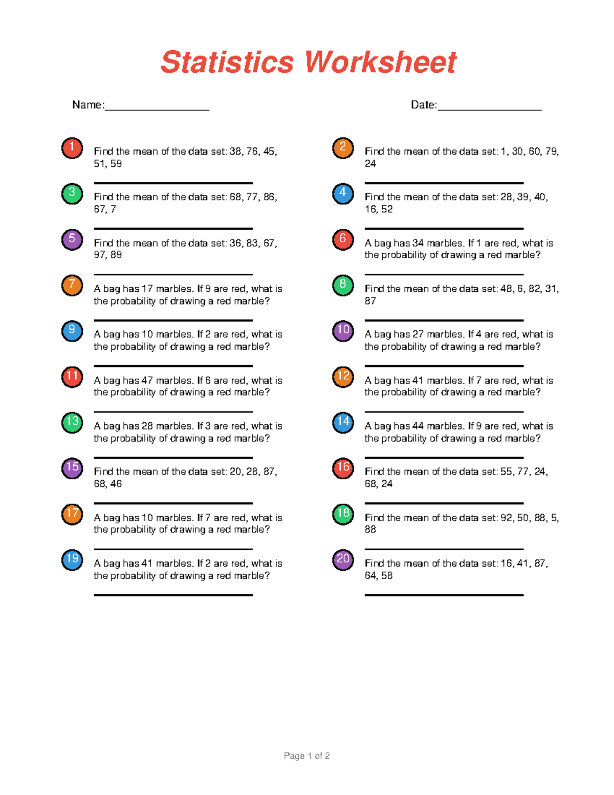 Statistics Worksheet 9: Mean & Probability Problems - Studocu