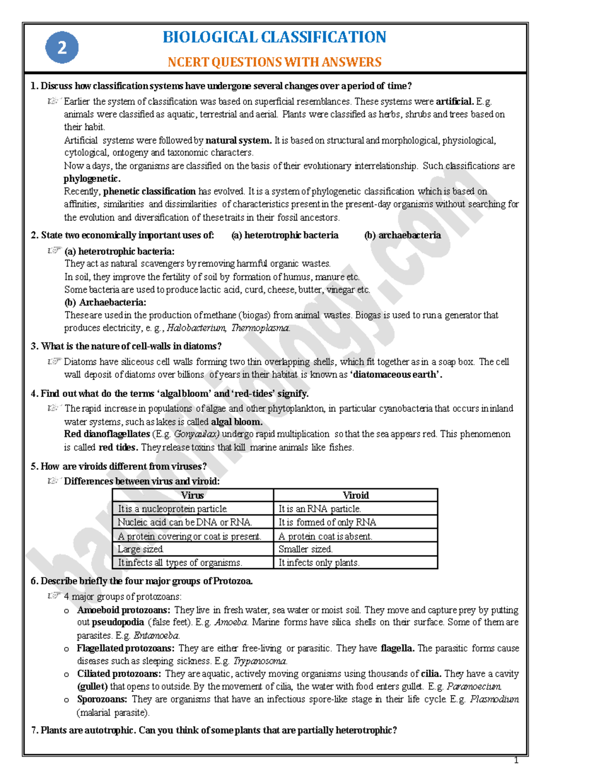 Biological Classification NCERT Q&A for Class 12 Biology - Studocu