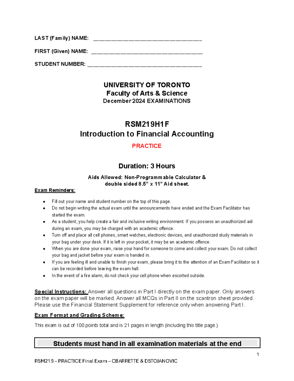 Practice Final Exam RSM 219 H1F - Financial Accounting Fall 2024 - Studocu