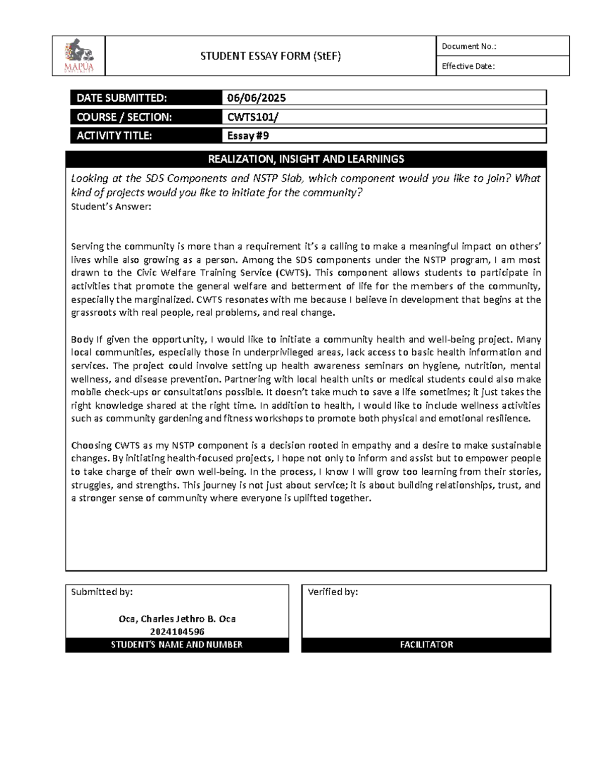 NSTP Essay: Realization, Insight, and Community Projects (2024104596 ...