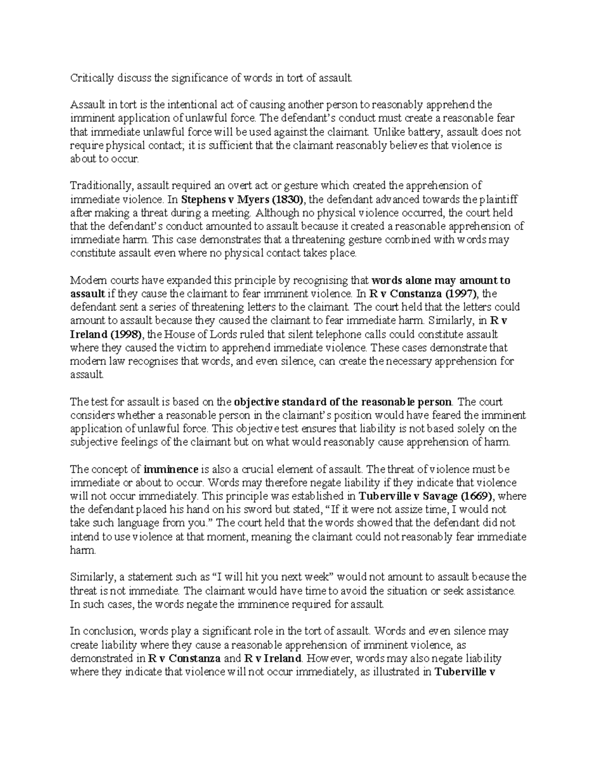 The Role of Words in Tort of Assault: A Critical Analysis - Studocu