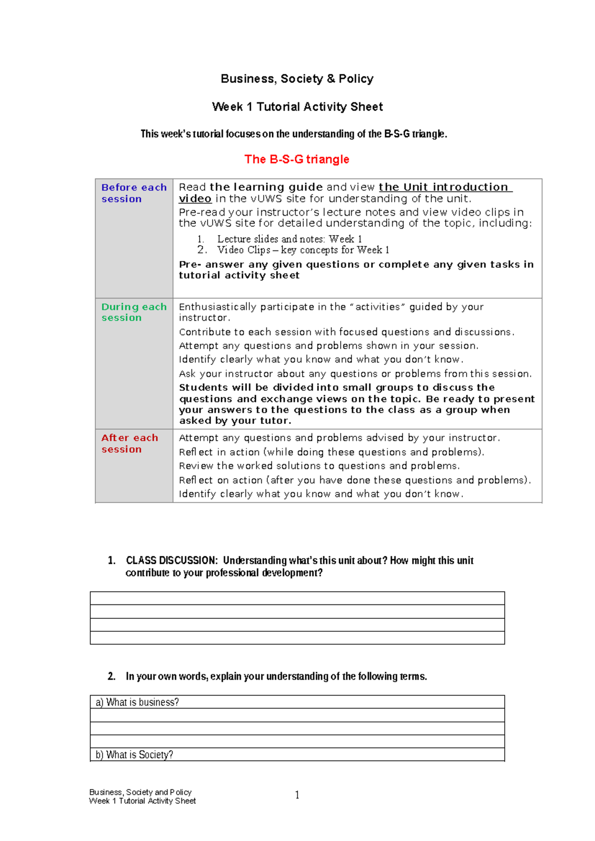 BUSS101 Week 1 Tutorial Activity Sheet: Understanding the Triangle ...