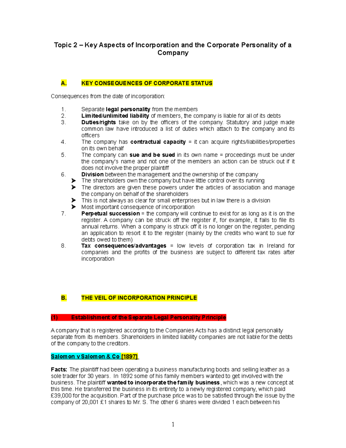 Topic 2 - Notes on the Principle of Separate Legal Personality - Studocu