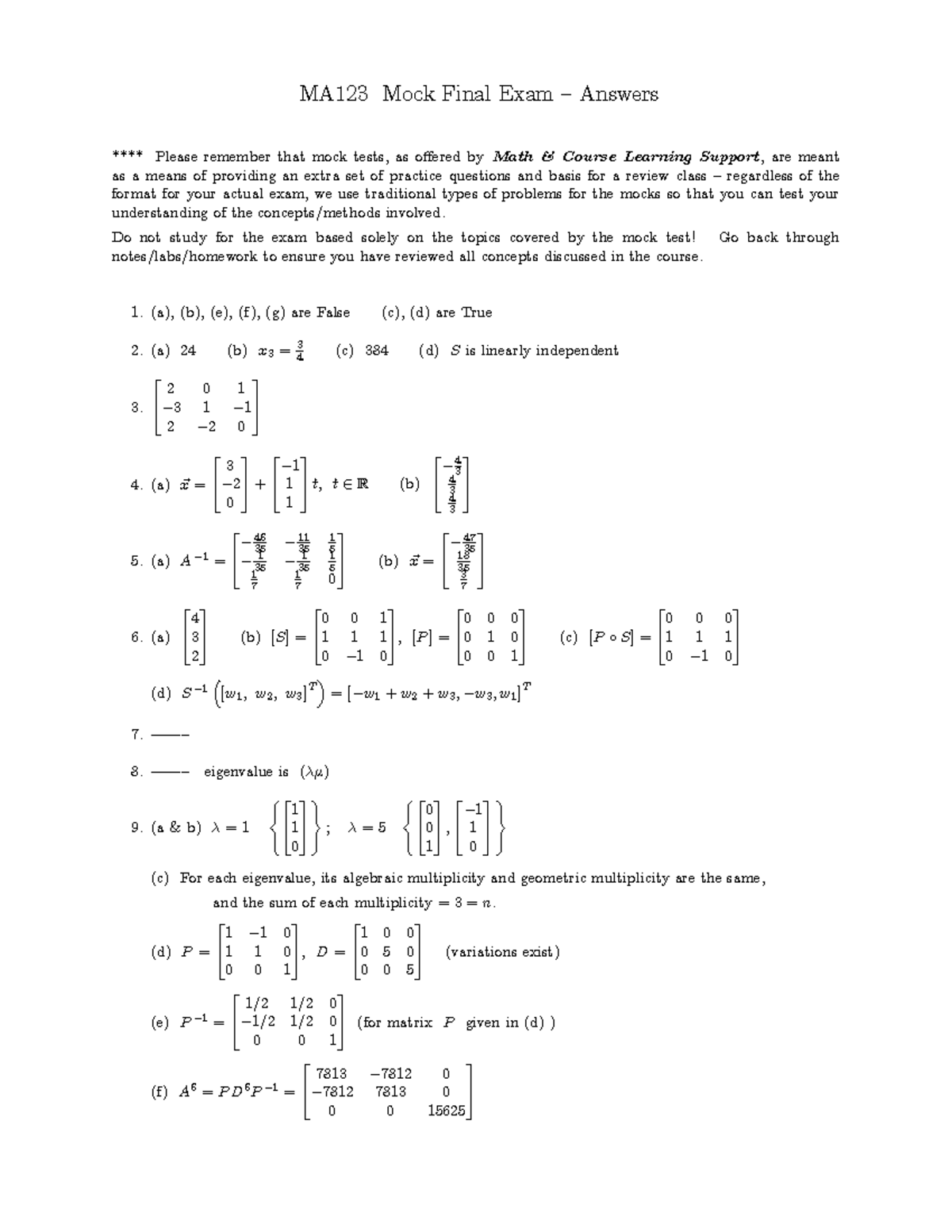 MA123 Mock Final Exam W25 Answers & Solutions - Studocu