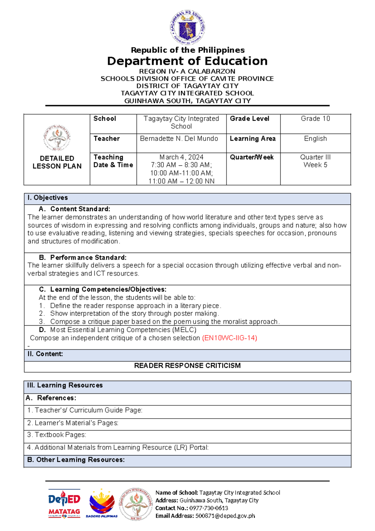 Detailed Lesson Plan: Reader Response Approach for Grade 10 (EN10 ...