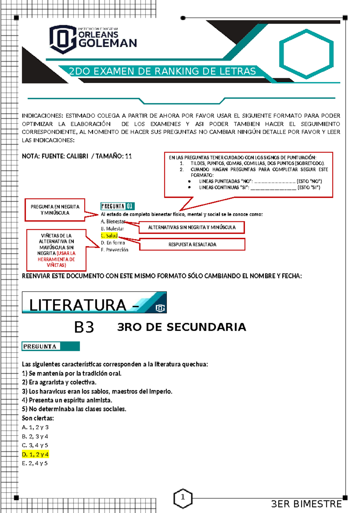 2DO EXAMEN DE RANKING DE LETRAS - LITERATURA 3RO SECUNDARIA B3 - Studocu