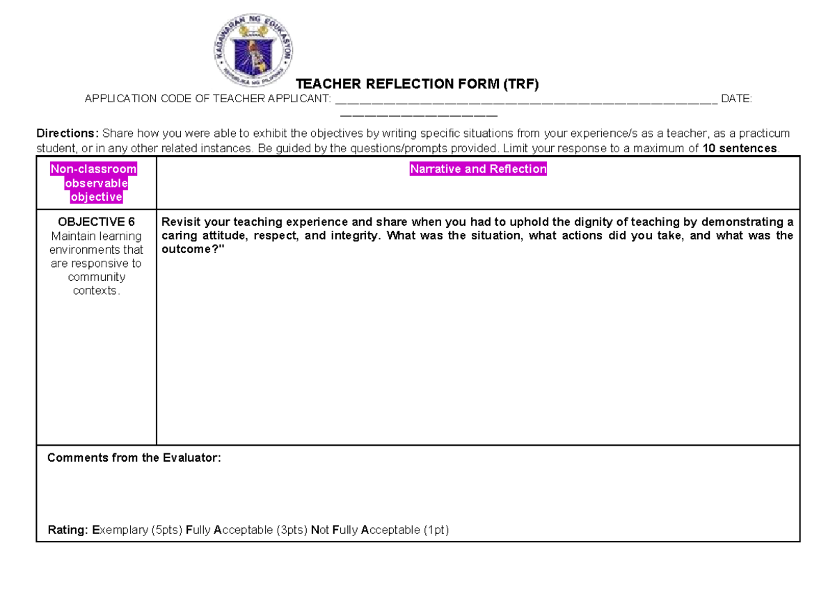 Annex-N Teacher Reflection Form (TRF) for Practicum Evaluation - Studocu