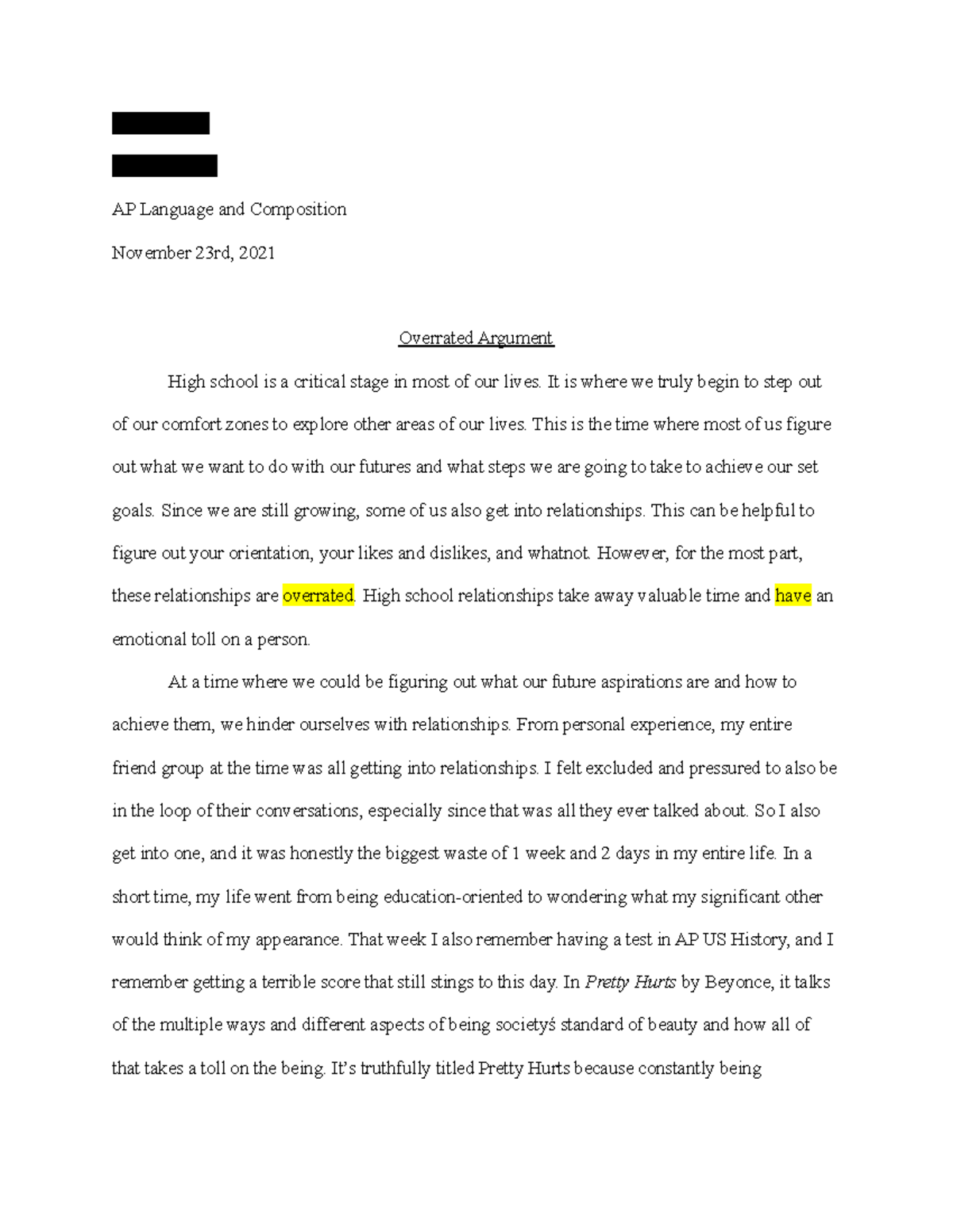 Overrated Argument - Rhoda Kasin Mrs. Simpson AP Language and