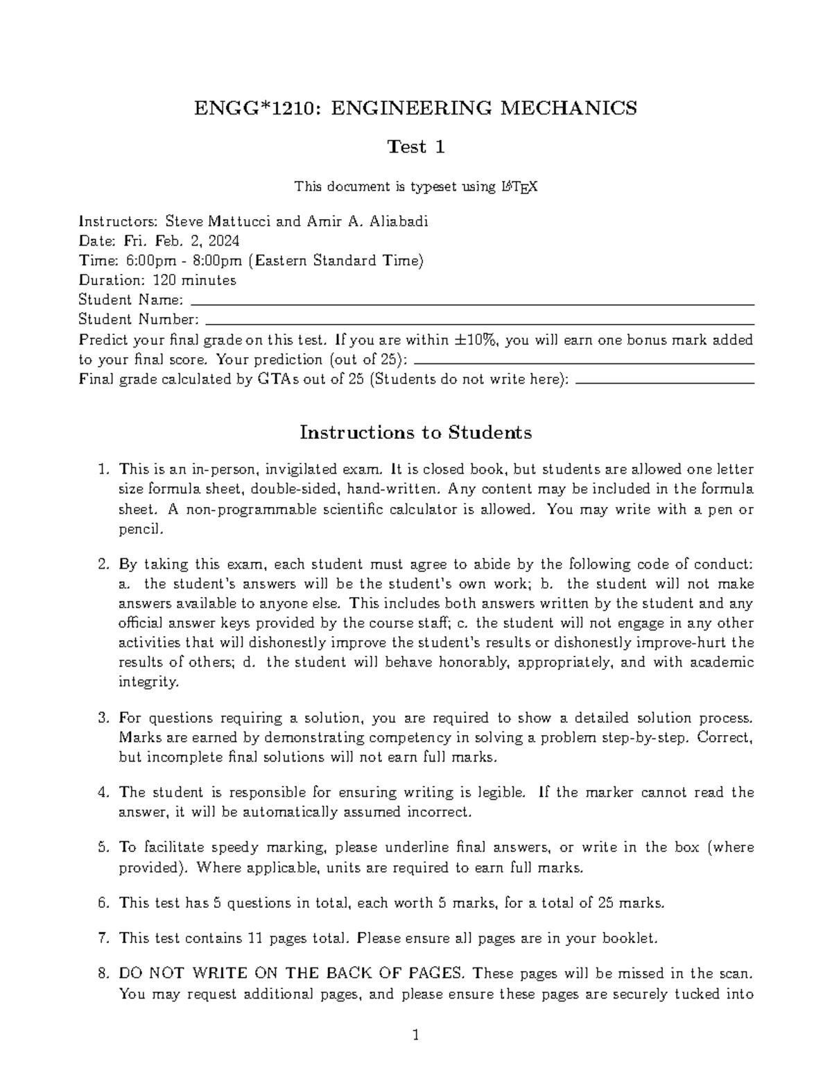 Mechanics 1210 Test 1 Guidelines and Problem Solutions W24 - Studocu