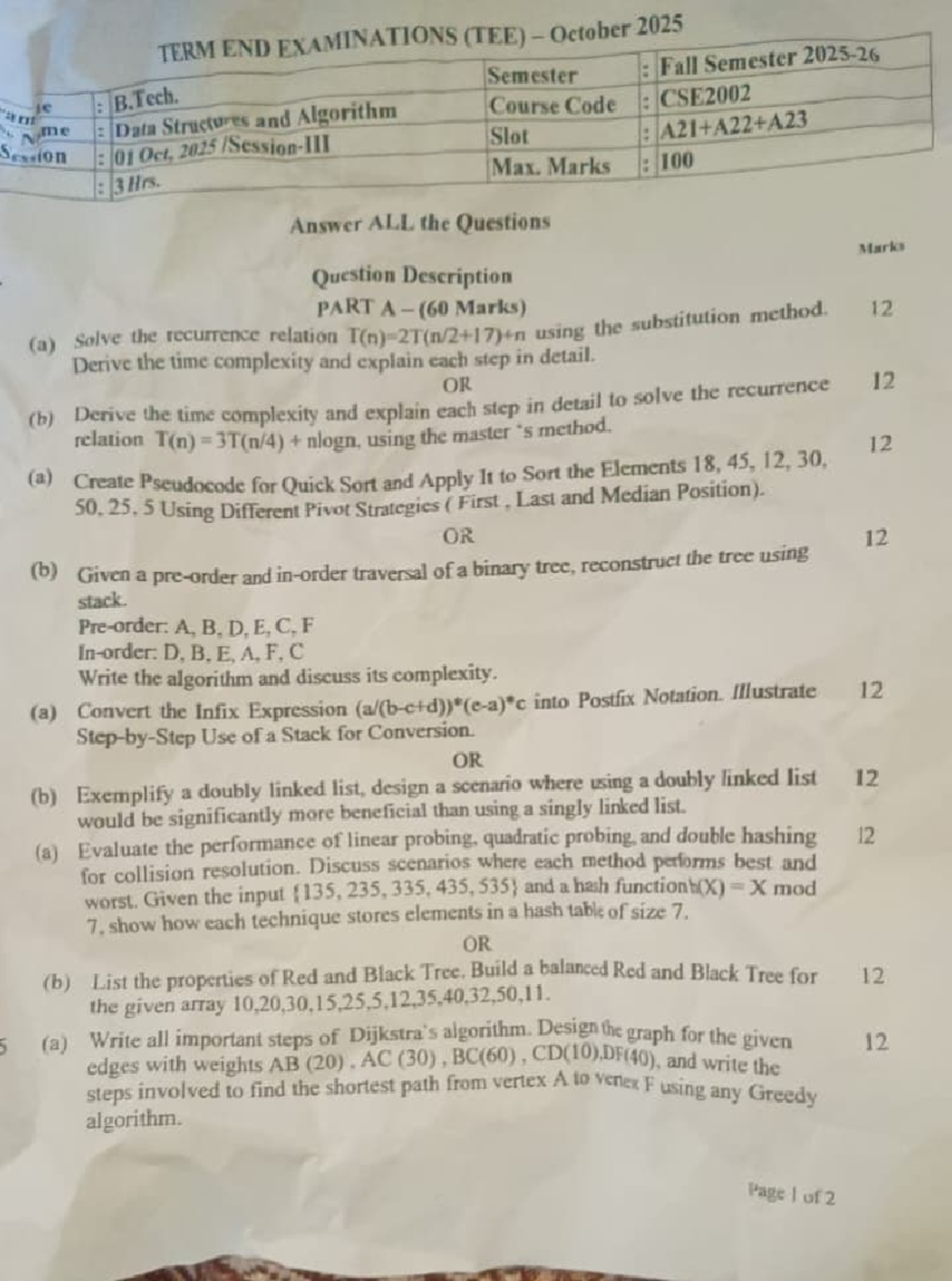 CSE2002 - Fall 2025 Term End Exam: Data Structures & Algorithms - Studocu