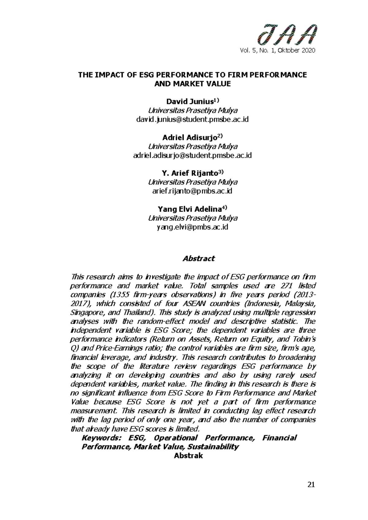 The Impact of ESG Performance on Firm Performance and Market Value (Vol ...