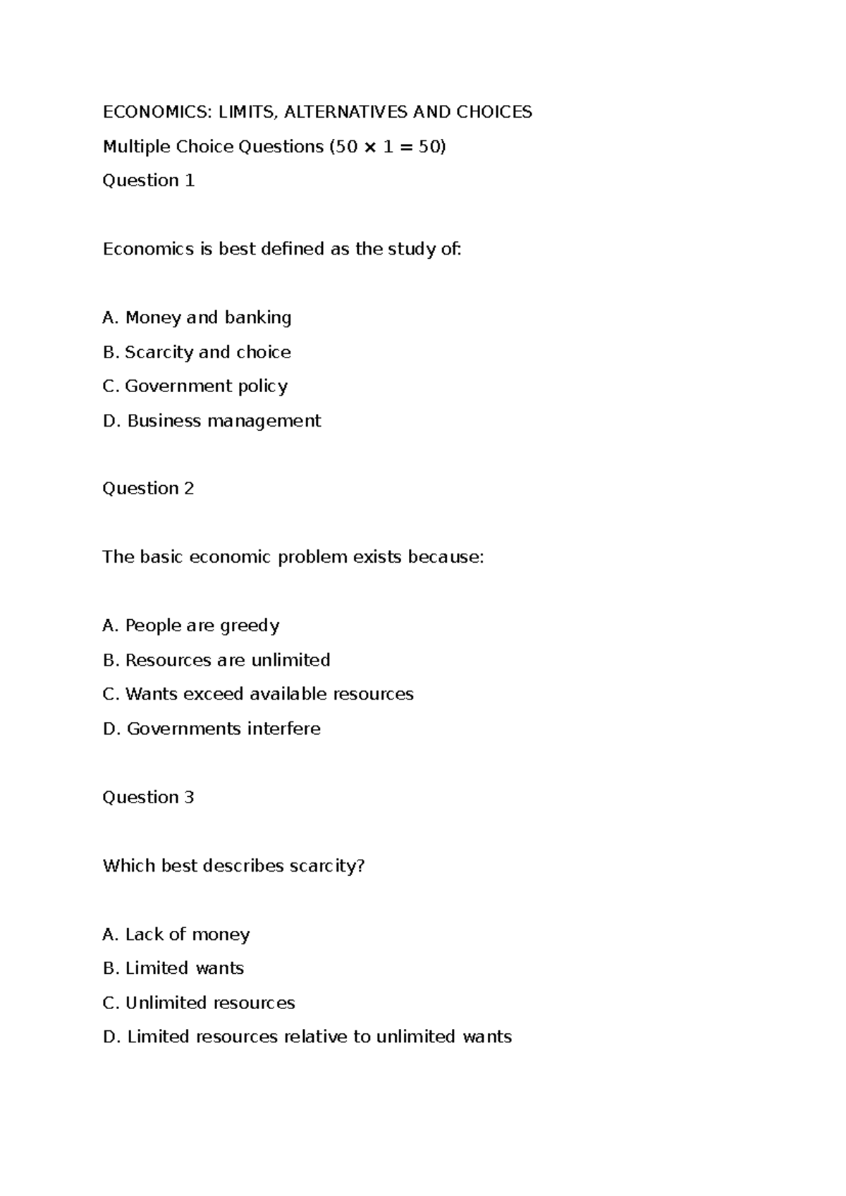 EKN11EB UNIT 1 QUIZ: ECONOMICS MCQs on Limits, Alternatives & Choices ...