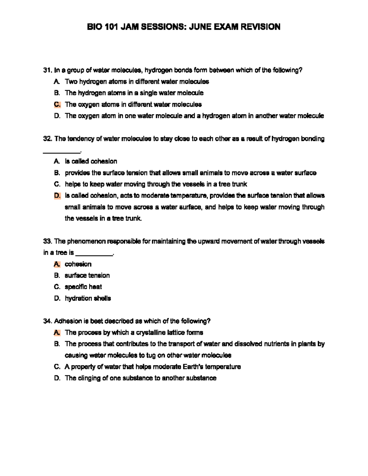 BIO 101 JAM SESSION: JUNE EXAM REVISION QUESTIONS - Studocu