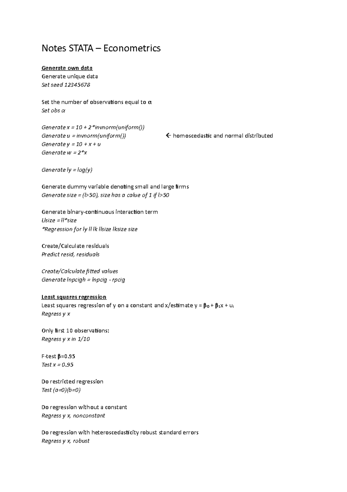 STATA Practicum: Econometrics Data Generation & Regression Analysis ...