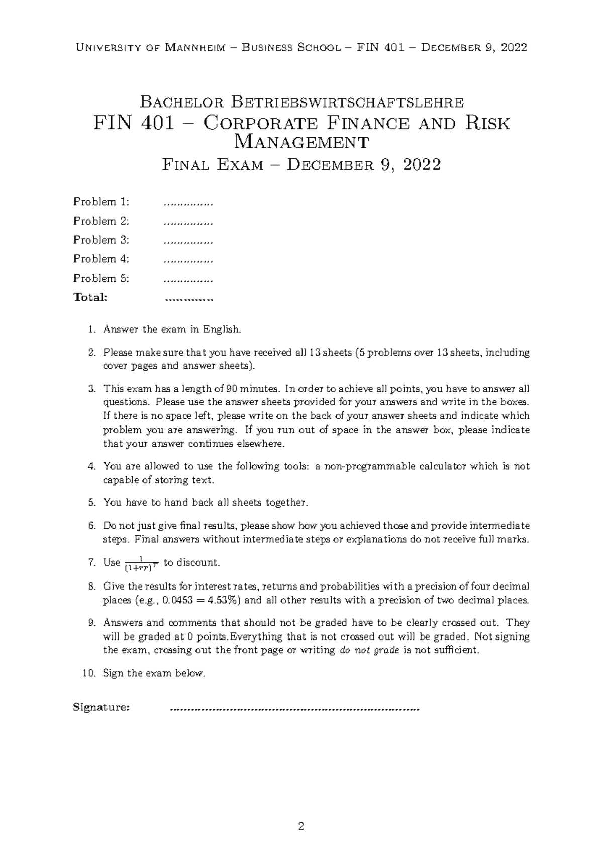 FIN 401 – Corporate Finance Final Exam Preparation (Dec 9, 2022) - Studocu