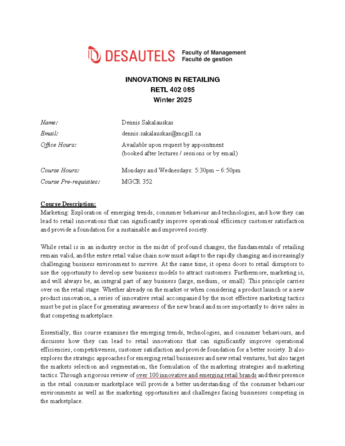 RETL 402 Syllabus and Course Outline Winter 2025 INNOVATIONS IN