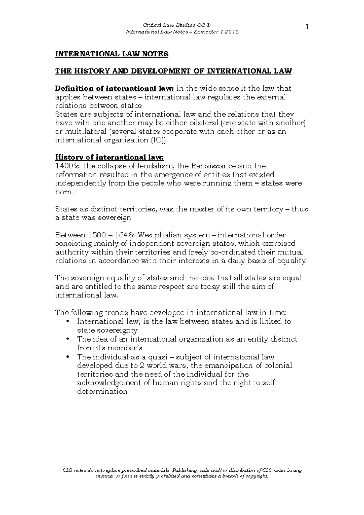 CLS International LAW Notes - International Law Notes – Semester 1 2018 ...