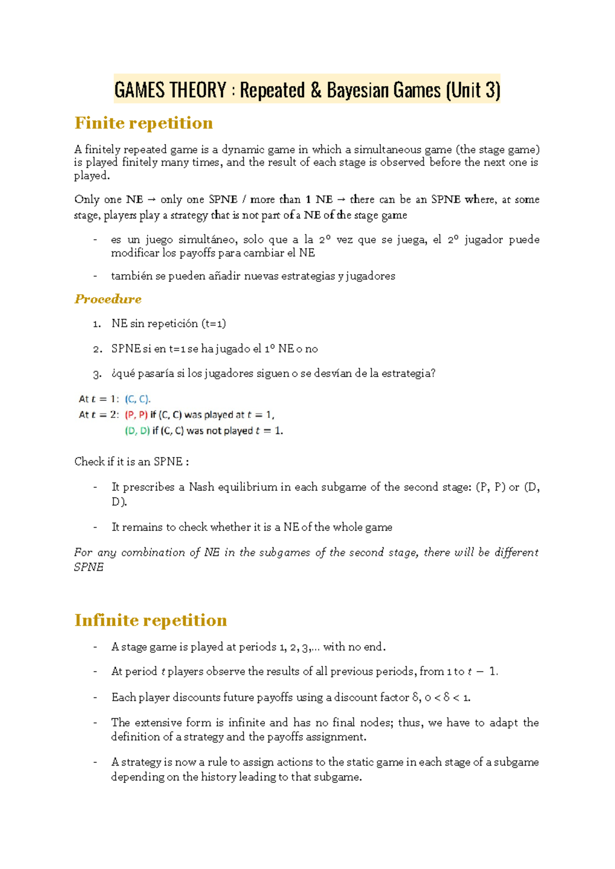 Unit 3 - Game Theory: Repeated & Bayesian Games Summary - Studocu