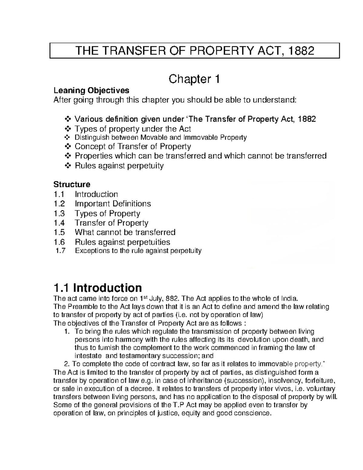 TPA 1882 Chapter 1: Transfer of Property Act Overview and Key Concepts ...