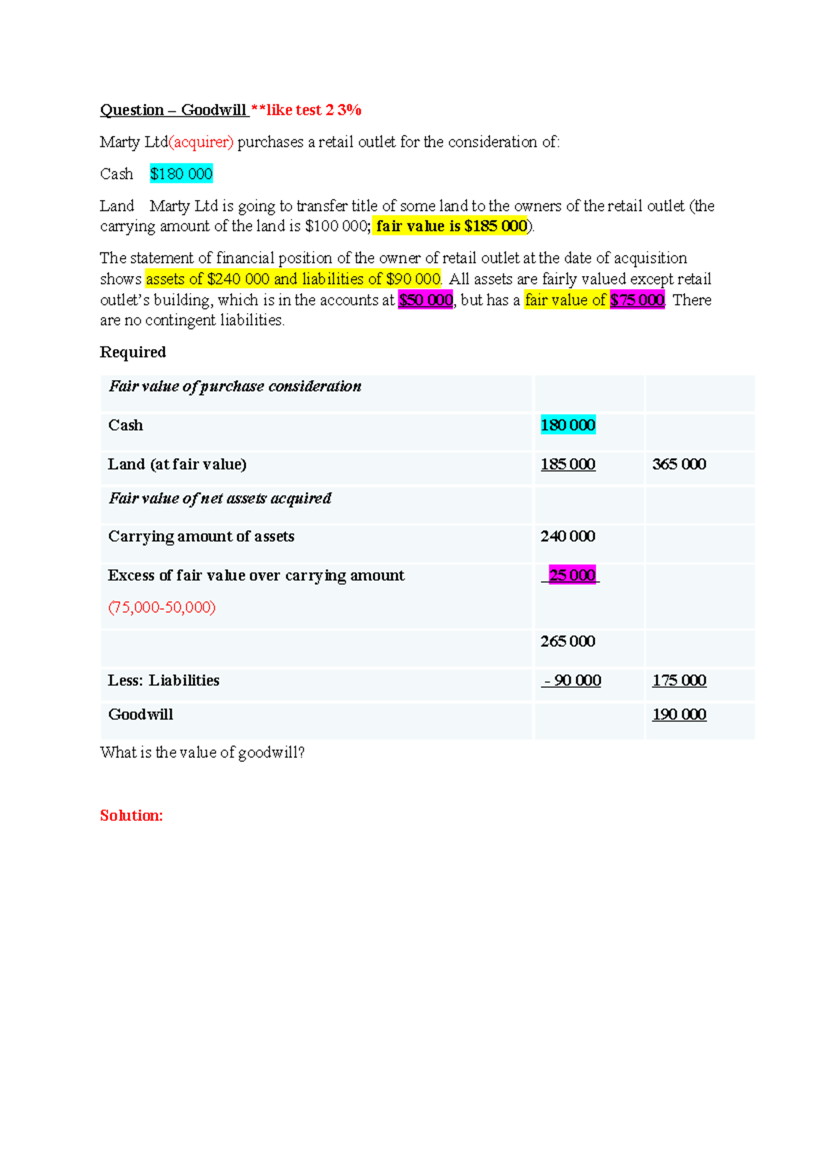 Practice Question Session 10 Solution: Goodwill Calculation for Marty ...