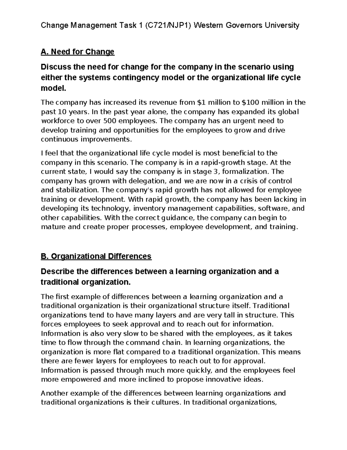 C721 Change Management Task 1: Transitioning to a Learning Organization ...