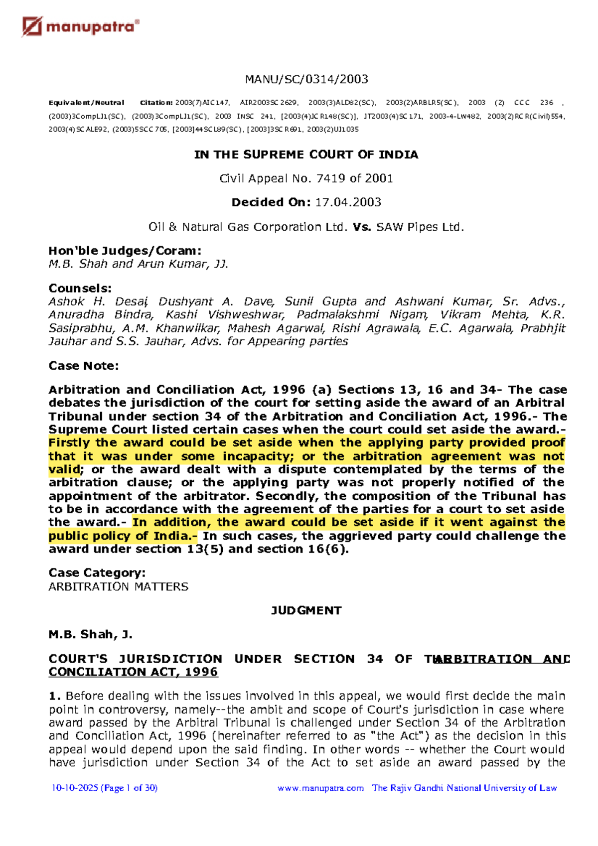Jurisdiction Under Section 34 of the Arbitration and Conciliation Act ...