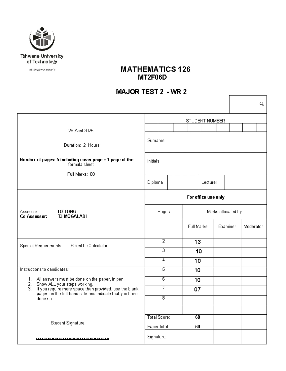 CT2 MT2F06D Mathematics Class Test 2 Memo - April 2025 - Studocu