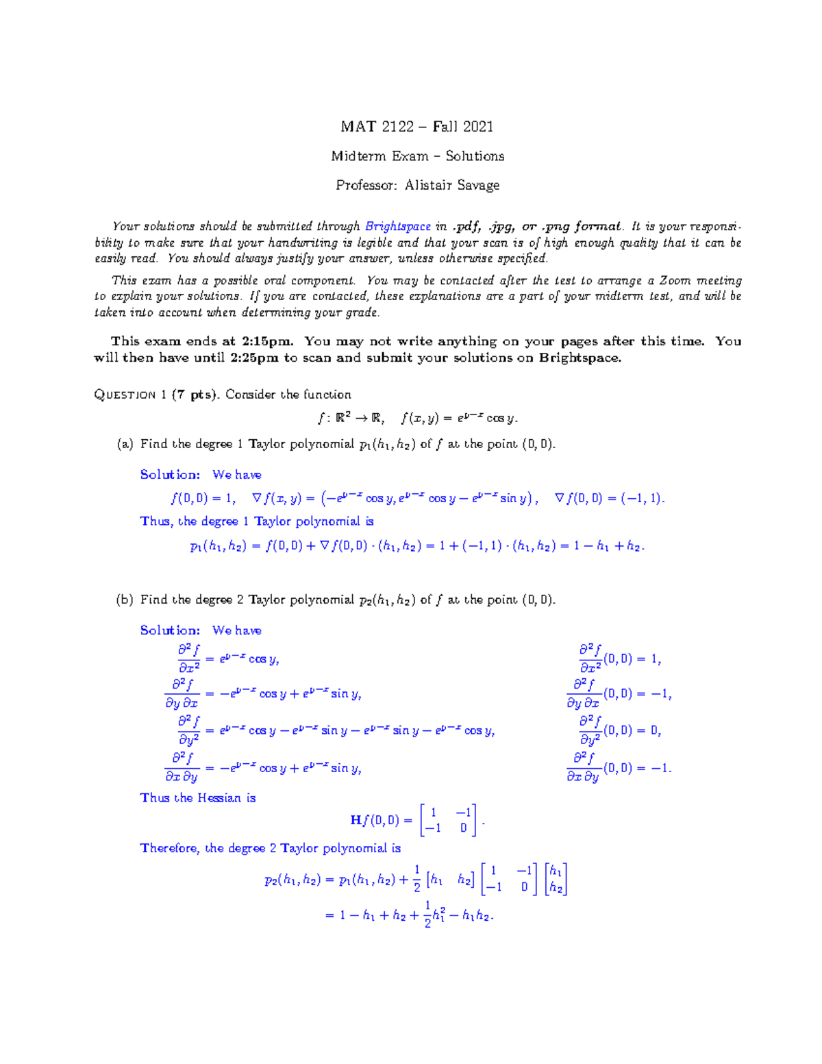 MAT 2122 Fall 2021 Midterm Exam Solutions and Explanations - Studocu
