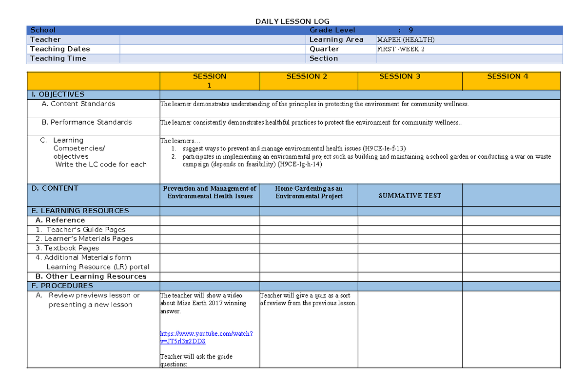 Health Daily Lesson Log for Week 2 - Grade 9 MAPEH - Studocu