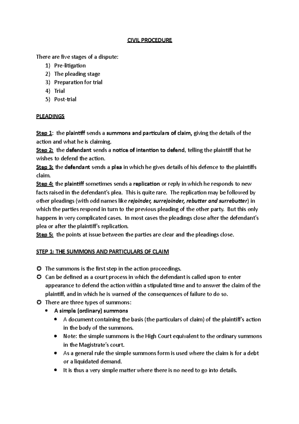 Civil Procedure Notes: Stages, Pleadings, and Summons Essentials - Studocu