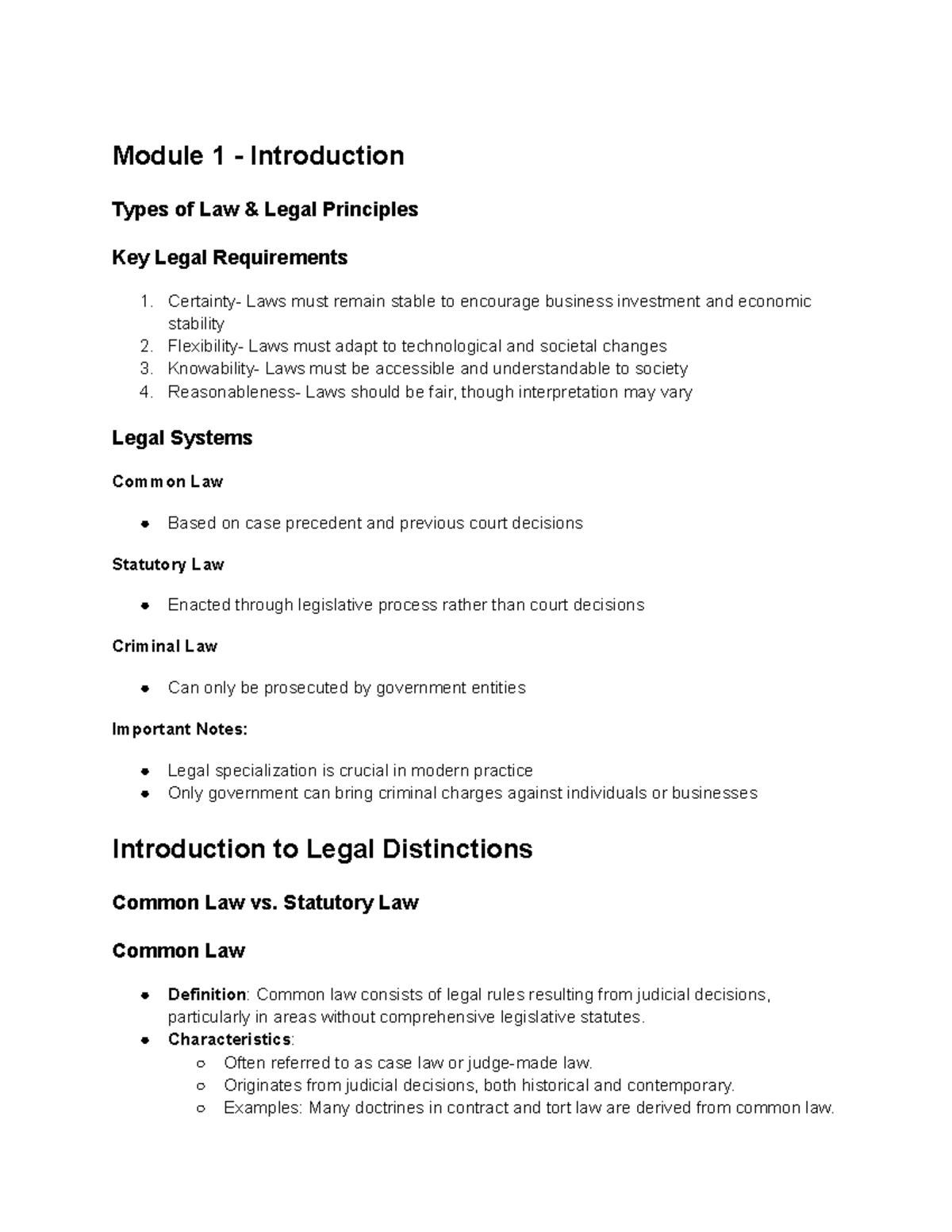 4 - notes - Module 1 - Introduction Types of Law & Legal Principles Key ...