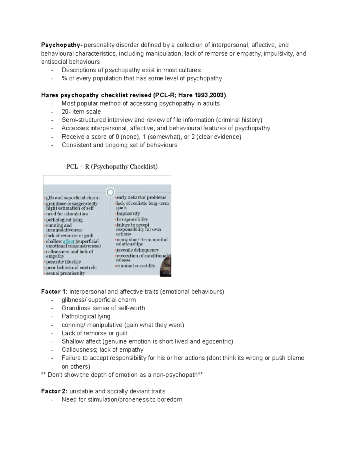 PCL-R and Psychopathy: Insights from Week 11 Lecture Notes - Studocu
