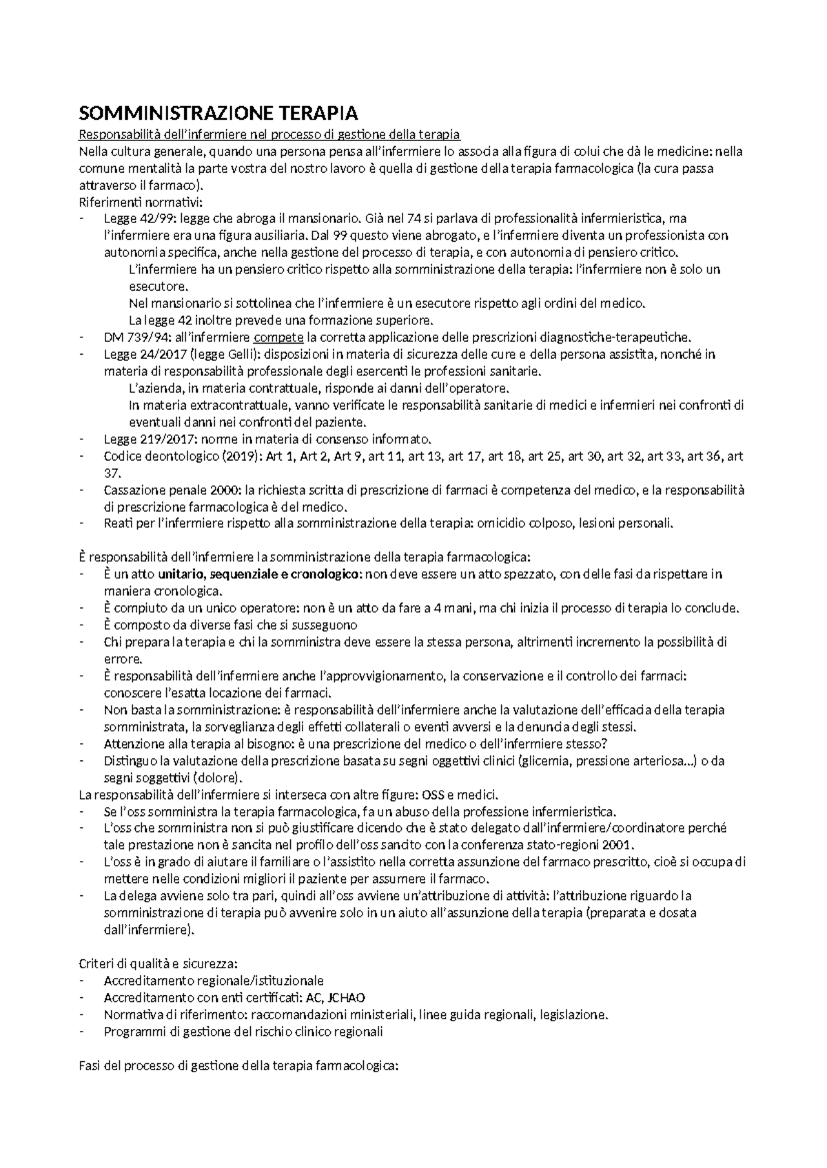 SOMMINISTRAZIONE TERAPIA Responsabilit E Normative In Infermieristica 