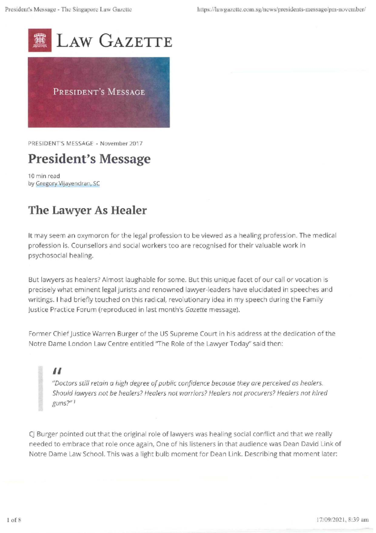 President\u0026#39;s Message: The Lawyer as Healer - Insights on Legal Practice - Studocu