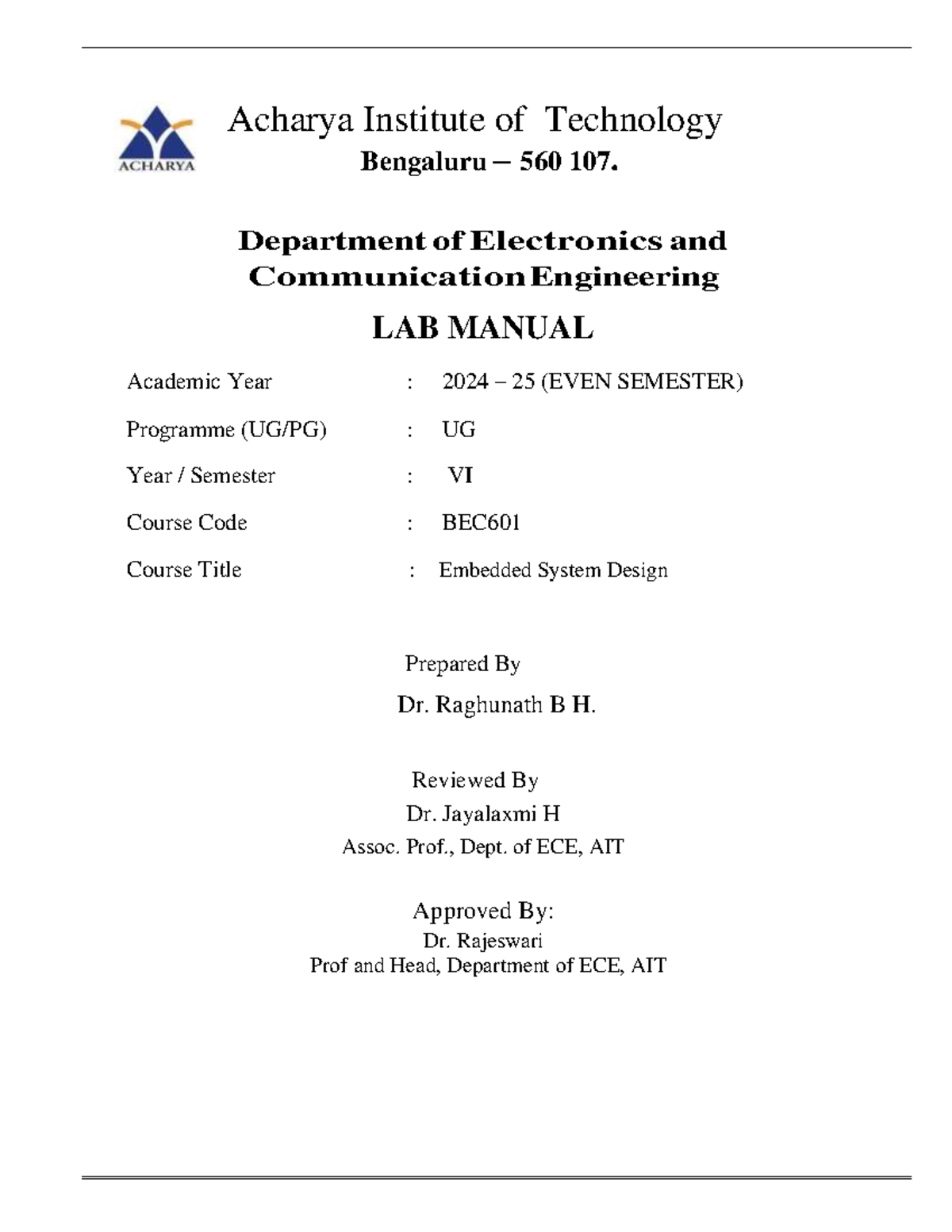 Embedded System Design Lab Manual (BEC601) - AIT 2024-25 - Studocu