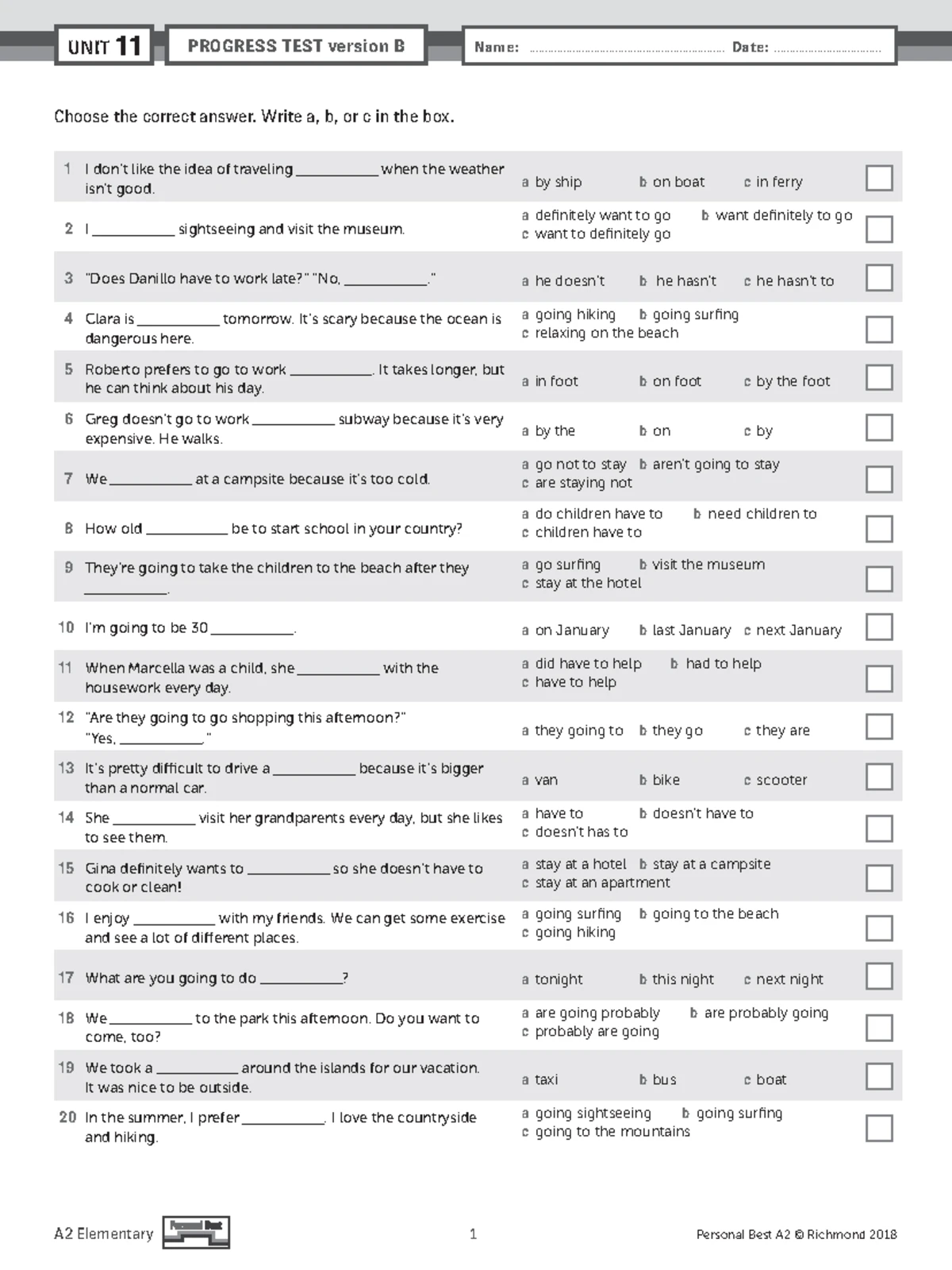 PB Am E A2 Unit Test U12 Version B - Answer Key Guide - Studocu