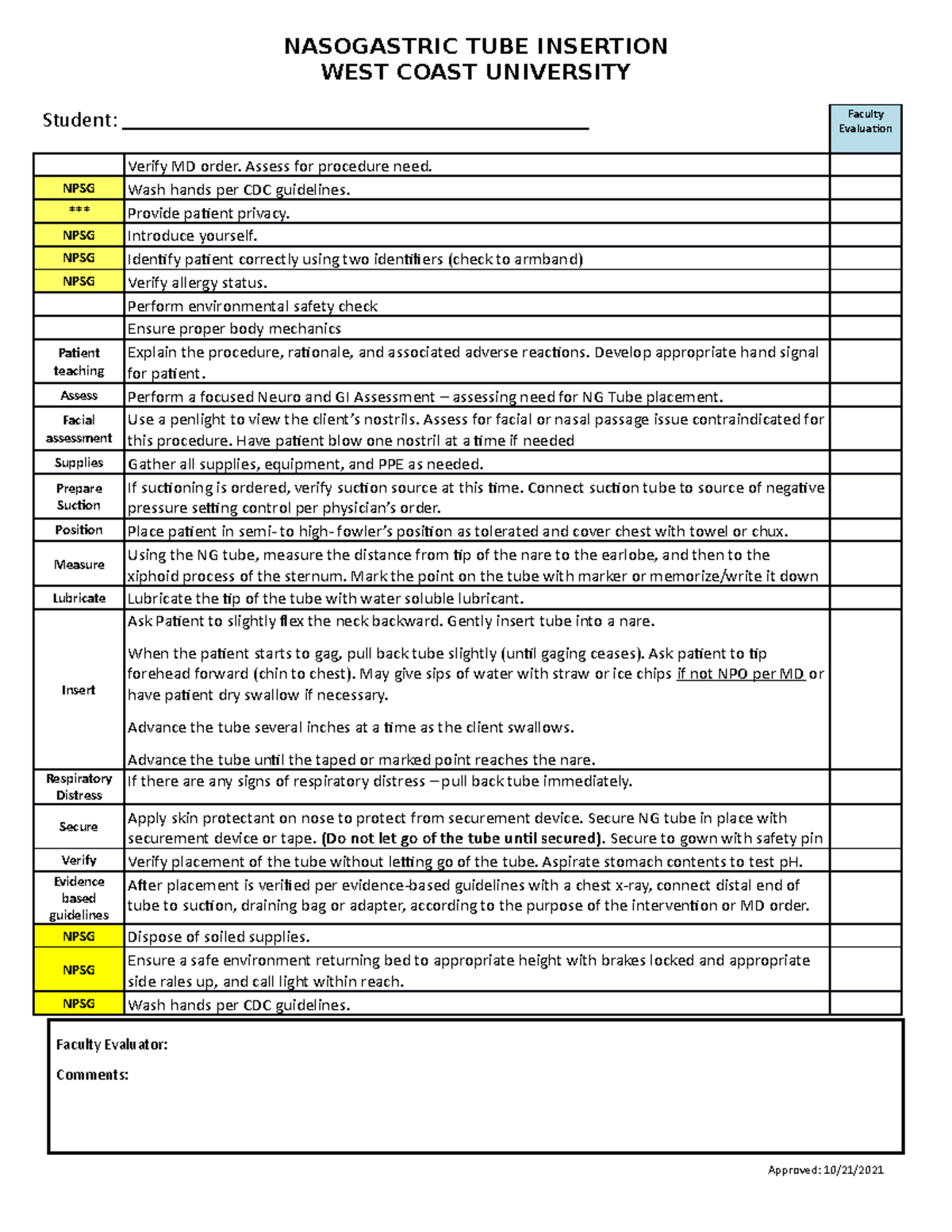 N101L-NG Tube Insertion Validation Sheet - NASOGASTRIC TUBE INSERTION ...