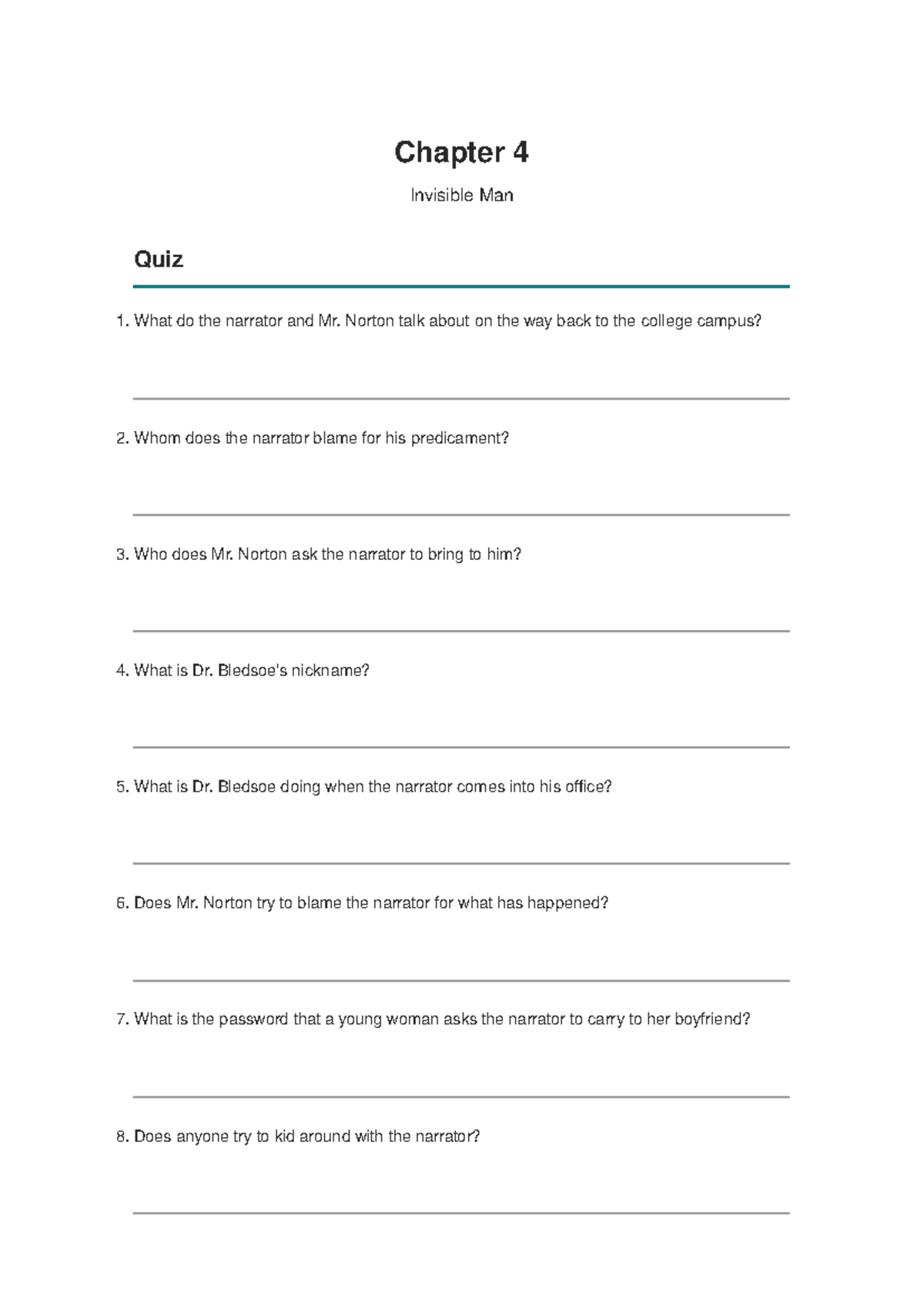 Invisible Man (ENG 101) Chapter 4 Quiz Questions and Answers - Studocu