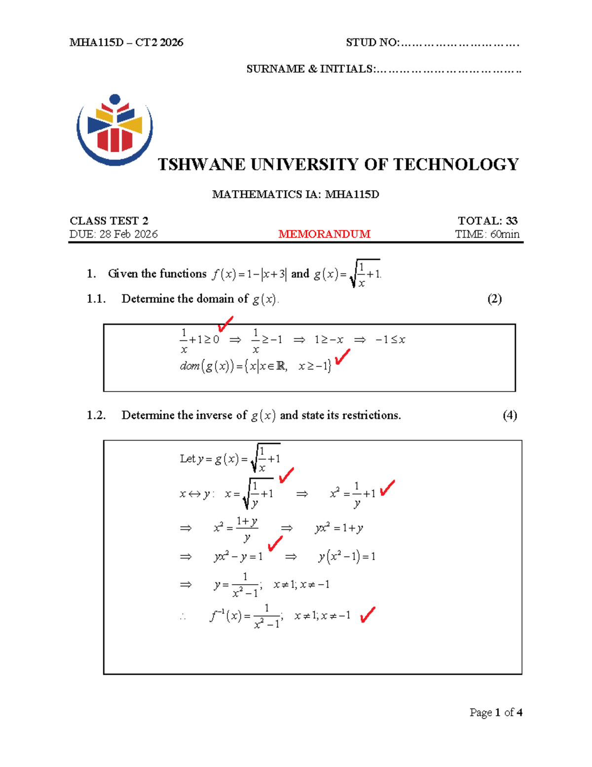 MHA115D CT2 2026 Mathematics Class Test 2 Memorandum - Studocu