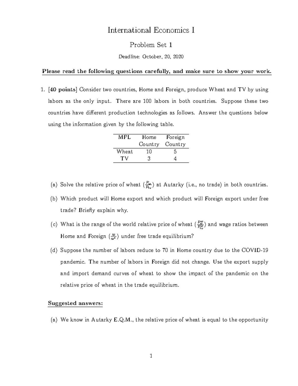 Topic 2 3(2020) answer(old) - International Economics I Problem Set 1 ...