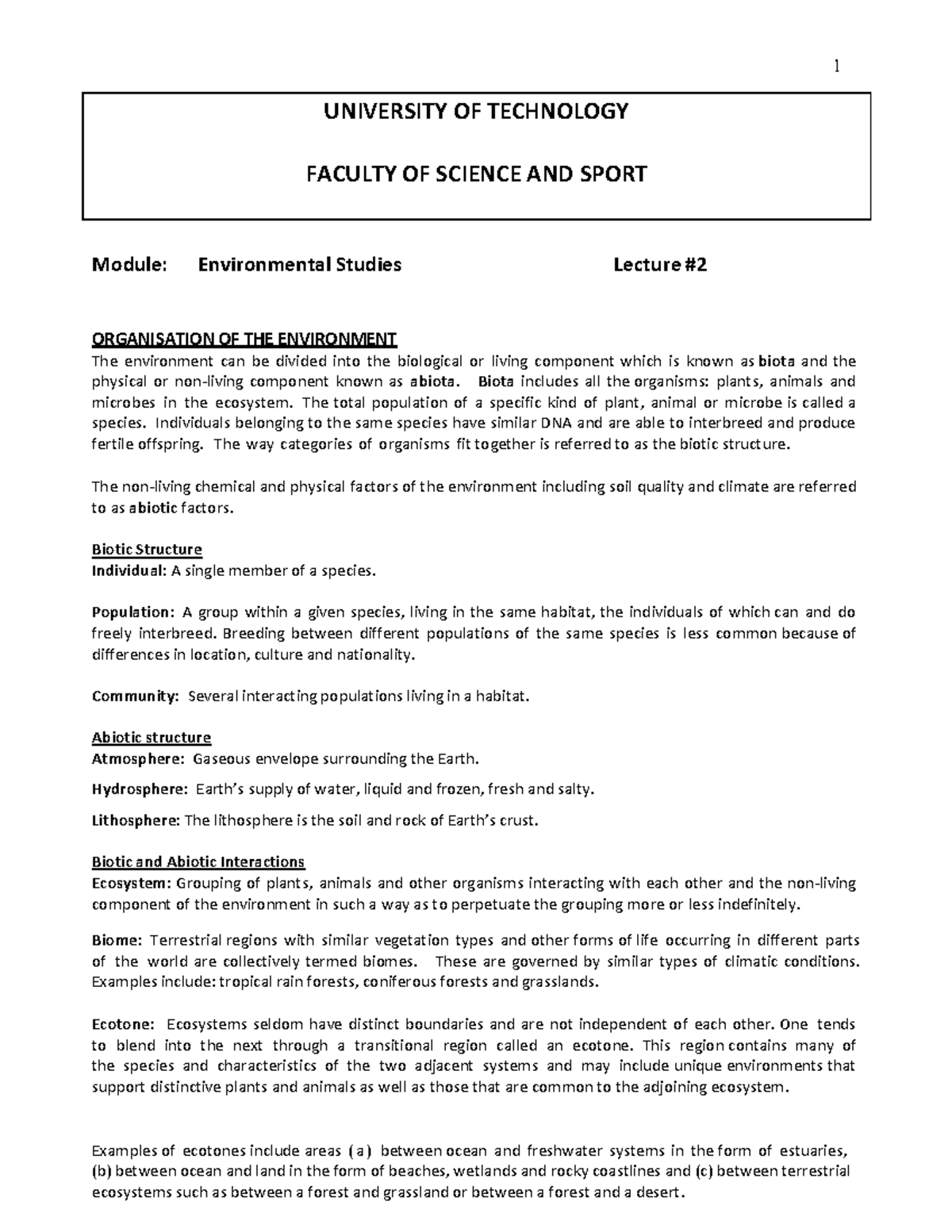 ENV 101: Updated Lecture Notes on Organization of the Environment - Studocu