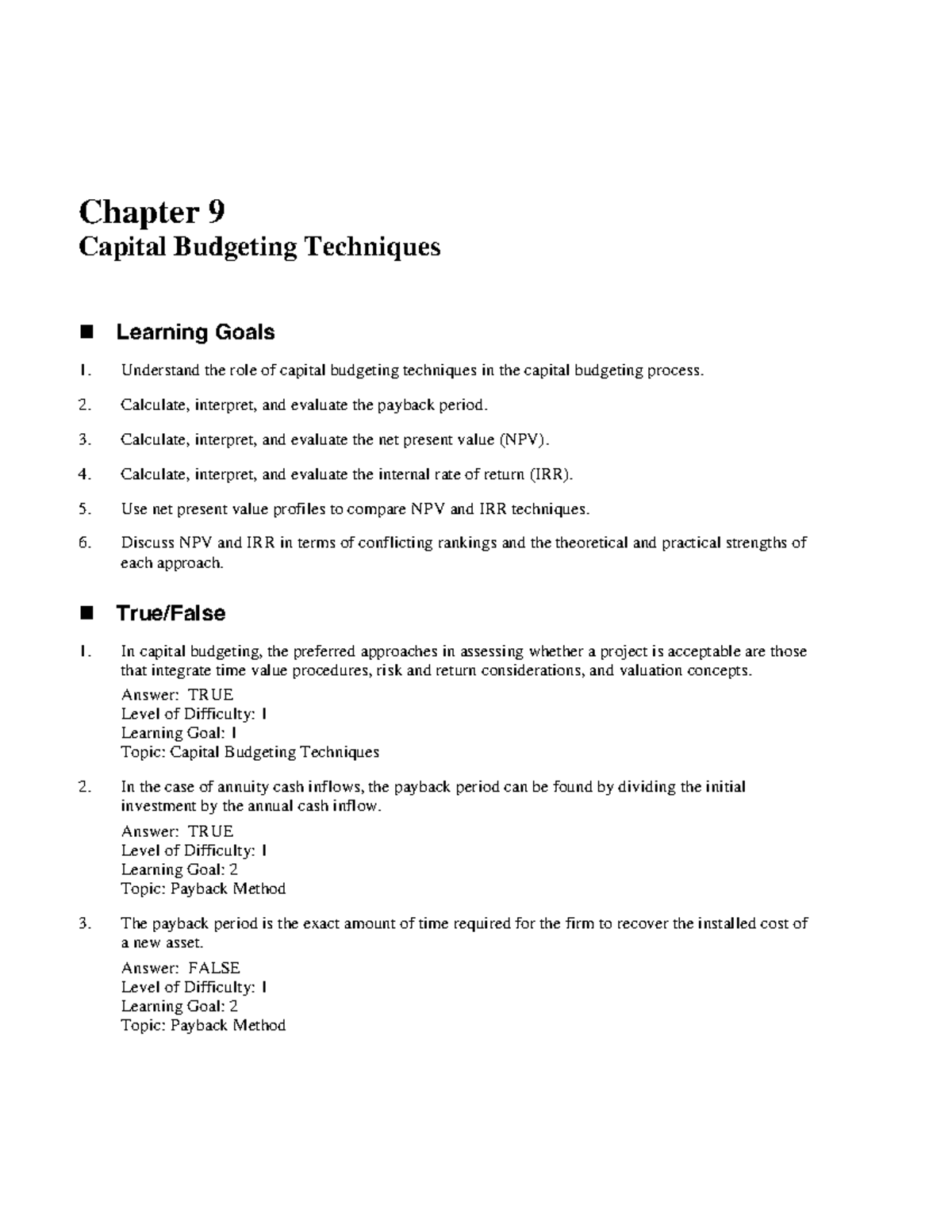 Chapter 09: Key Capital Budgeting Techniques and Evaluations - Studocu