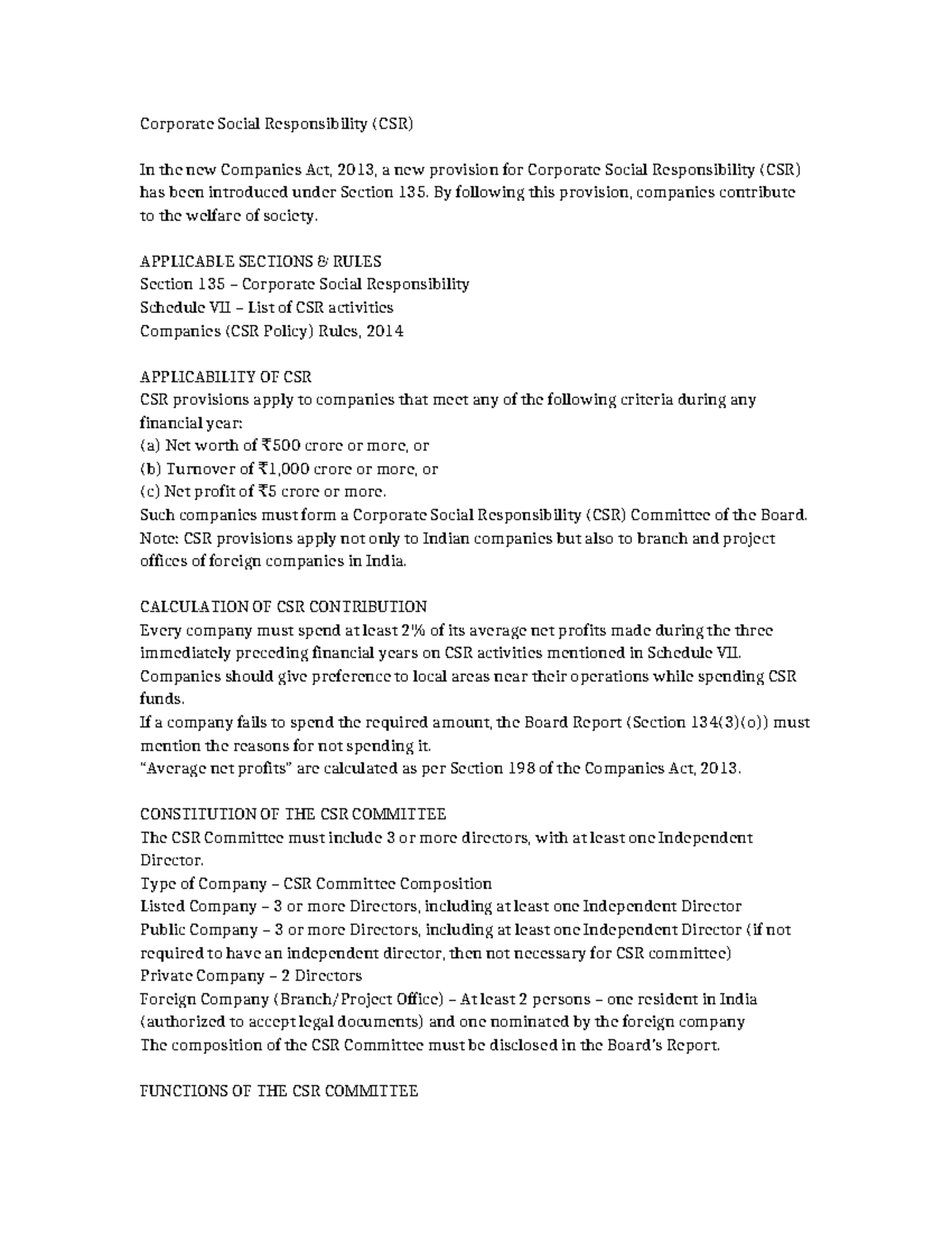 Corporate Social Responsibility (CSR) Under Companies Act 2013 - Studocu