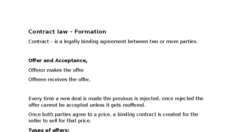 Contract Law (LAW101): Formation of Legally Binding Agreements - Studocu