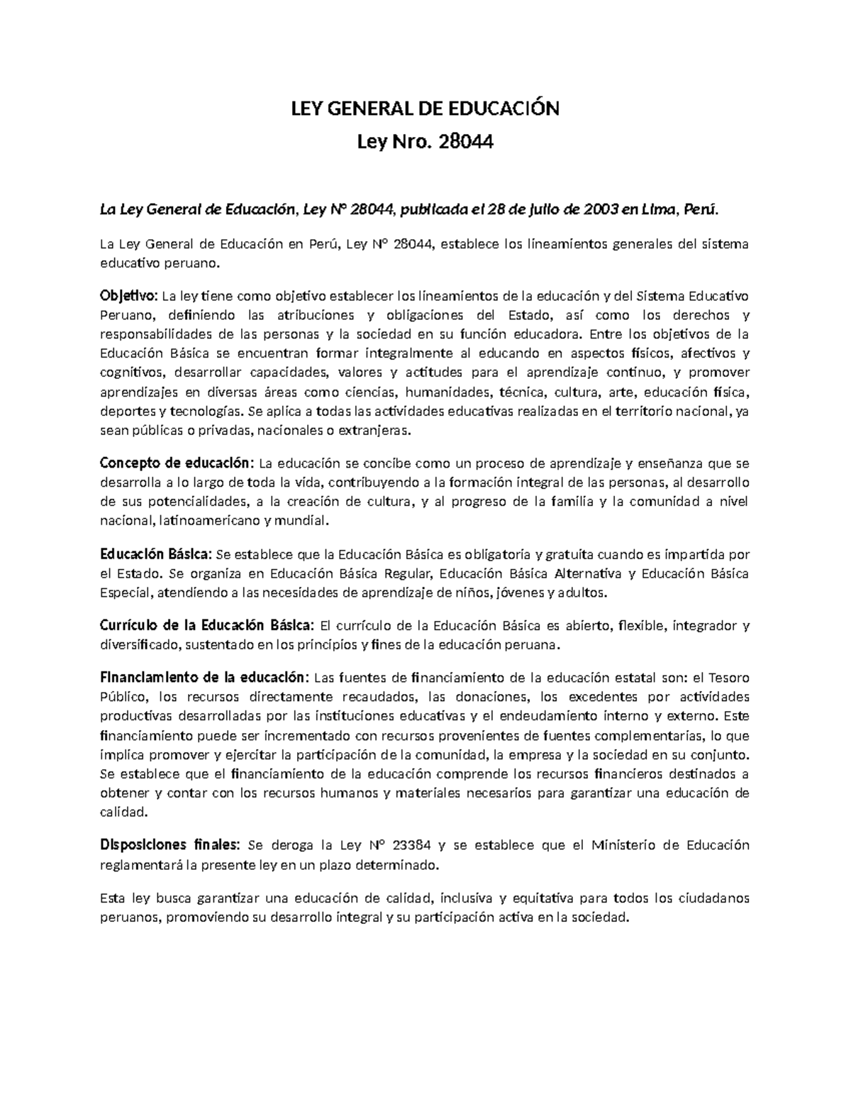 Ley N° 28044: Resumen de la Ley General de Educación en Perú - Studocu