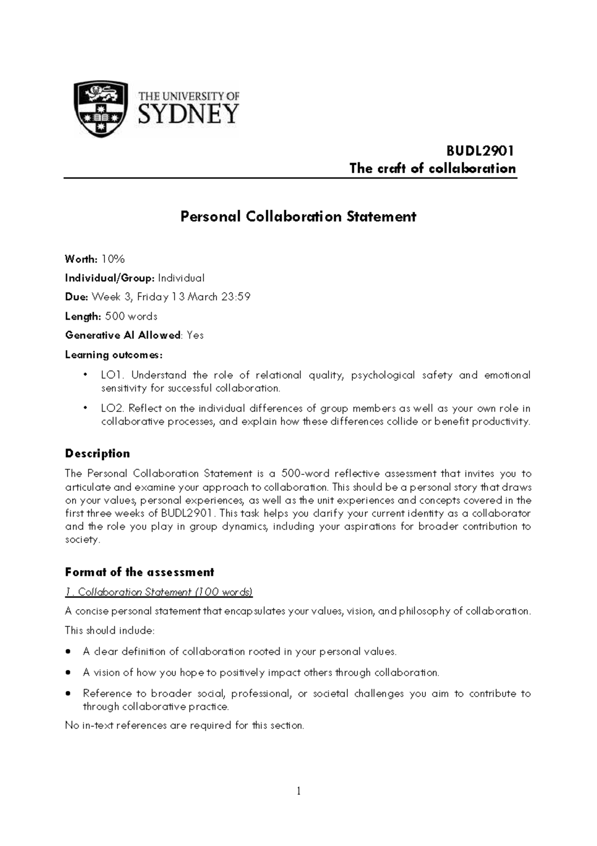 BUDL2901 Personal Collaboration Statement: Reflective Assessment 2026 ...