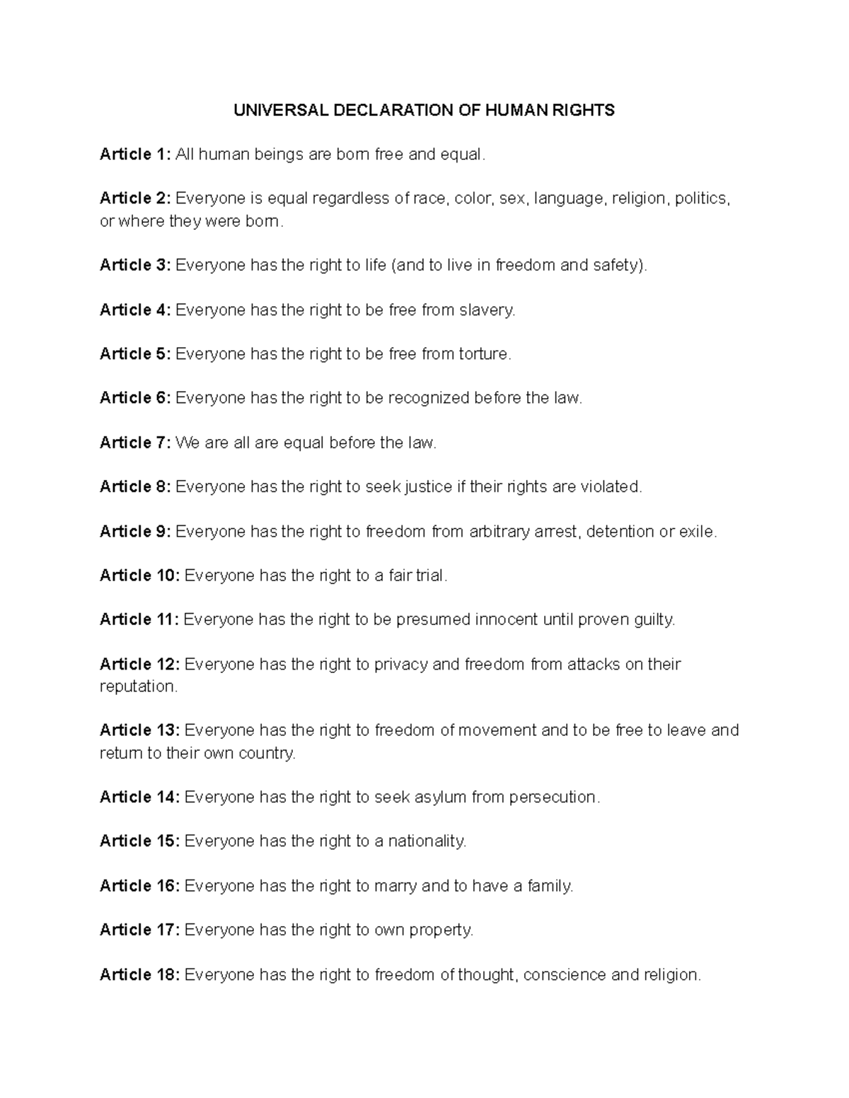 UNIVERSAL DECLARATION OF HUMAN RIGHTS: Key Articles Summary - Studocu