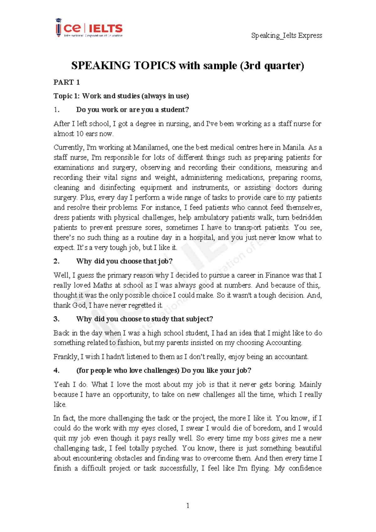 2023 Speaking Topics with Samples for Eng. Language Practice - Studocu
