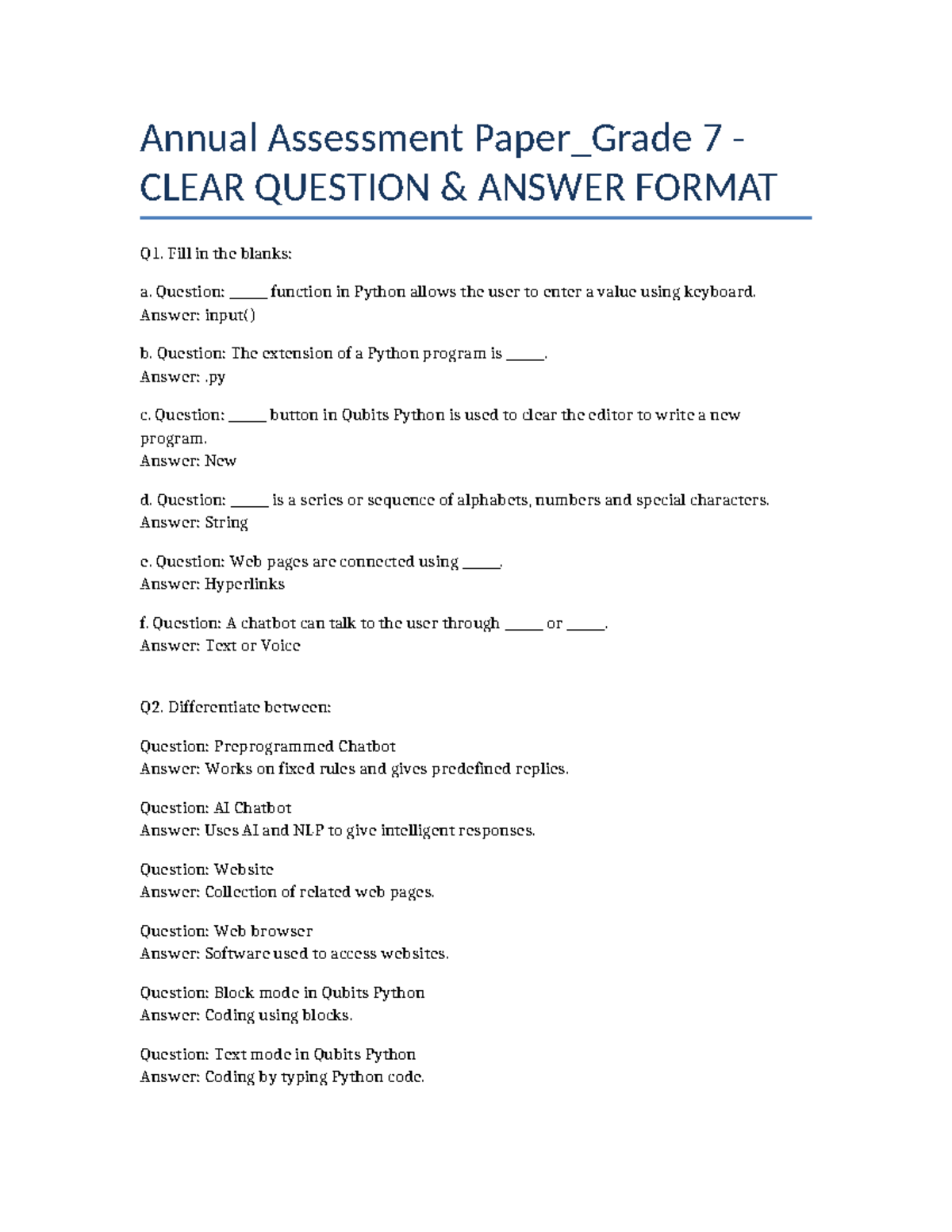 Grade 7 Annual Assessment Paper: Clear Q&A Format - Studocu