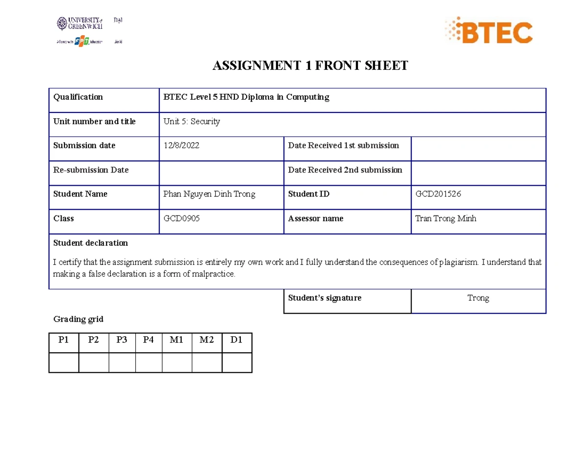ASM1-1623 - Unit 5: Securityádsa - ASSIGNMENT 1 FRONT SHEET ...